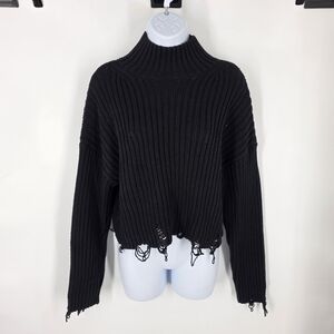 Rita Ora x Primark Black Distressed Cropped Ribbed Sweater Women Large